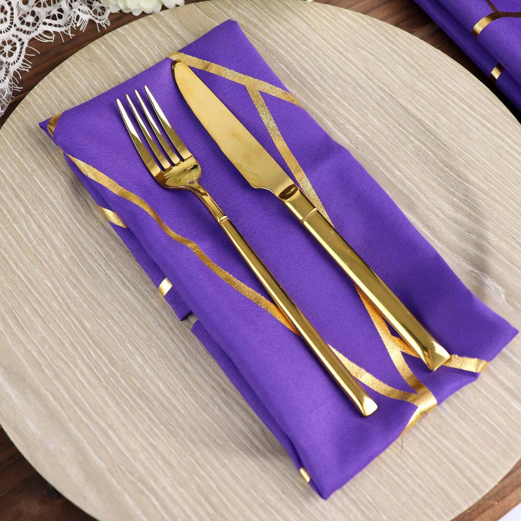 5 Pack Polyester 20"x20" Napkins Purple with Gold Geometric Foil Pattern - Modern Reusable Dinner Napkins - Bell Racket Store