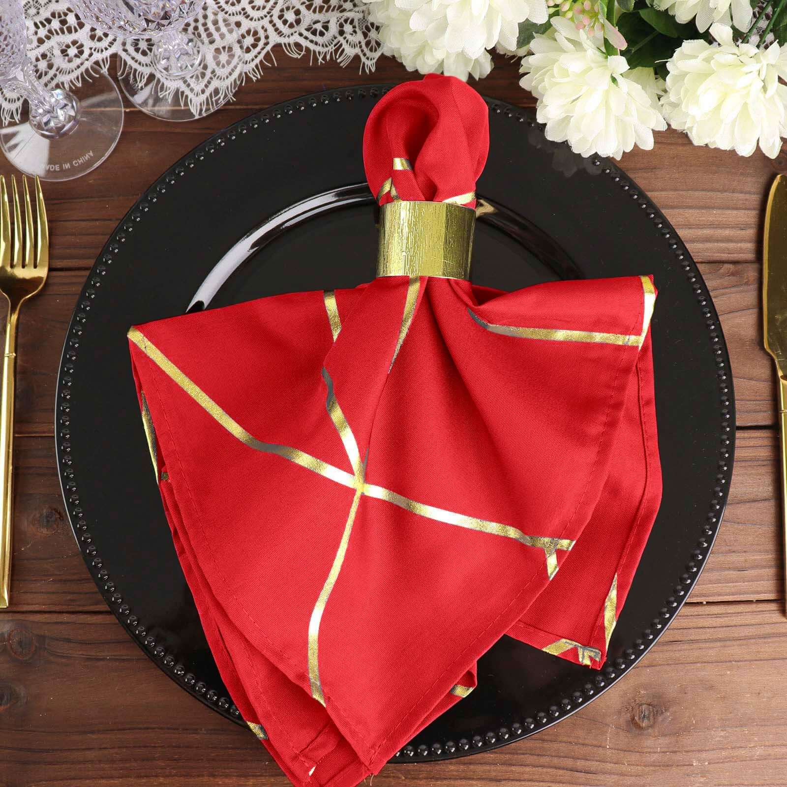 5 Pack Polyester 20"x20" Napkins Red with Gold Geometric Foil Pattern - Modern Reusable Dinner Napkins