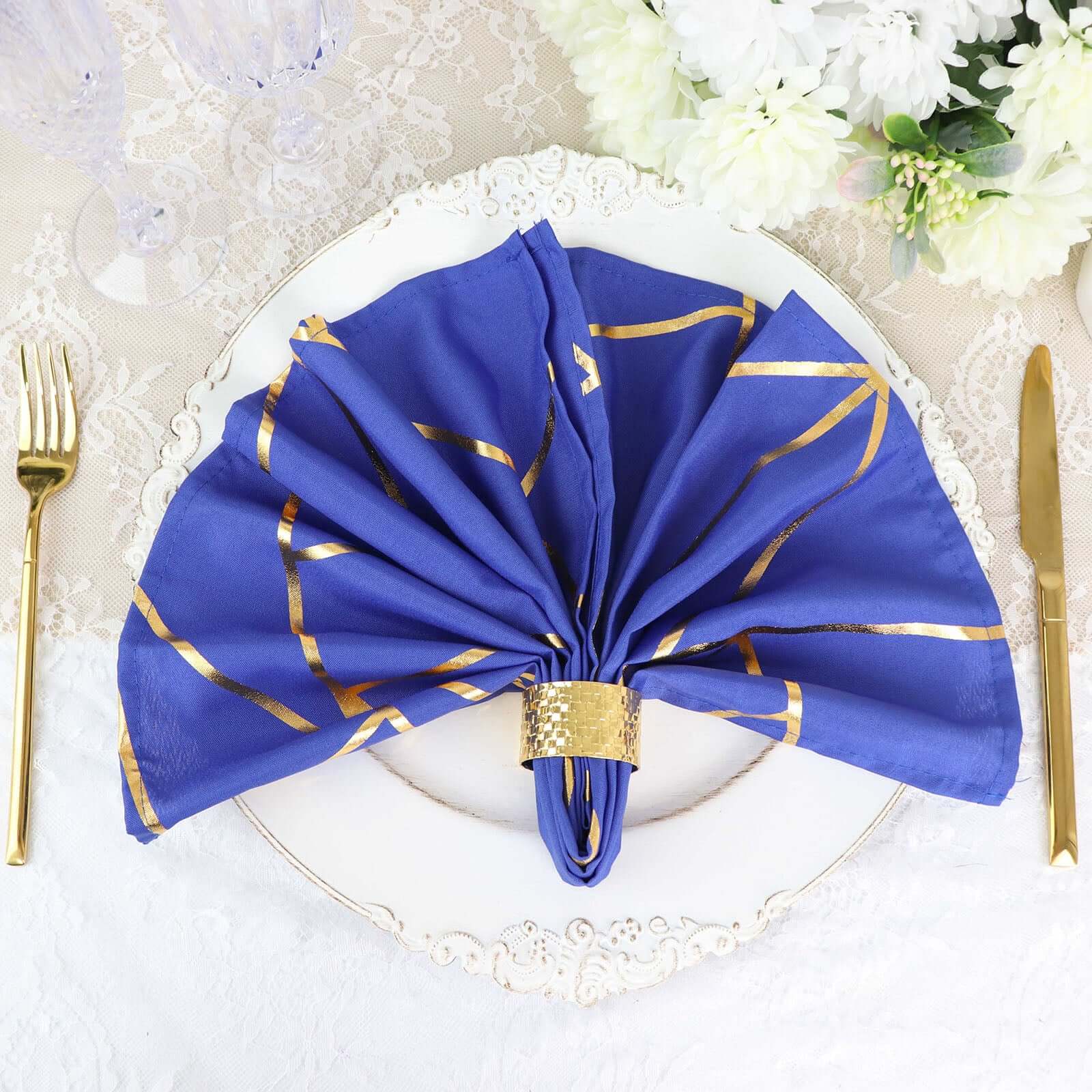 5 Pack Polyester 20"x20" Napkins Royal Blue with Gold Geometric Foil Pattern - Modern Reusable Dinner Napkins - Bell Racket Store