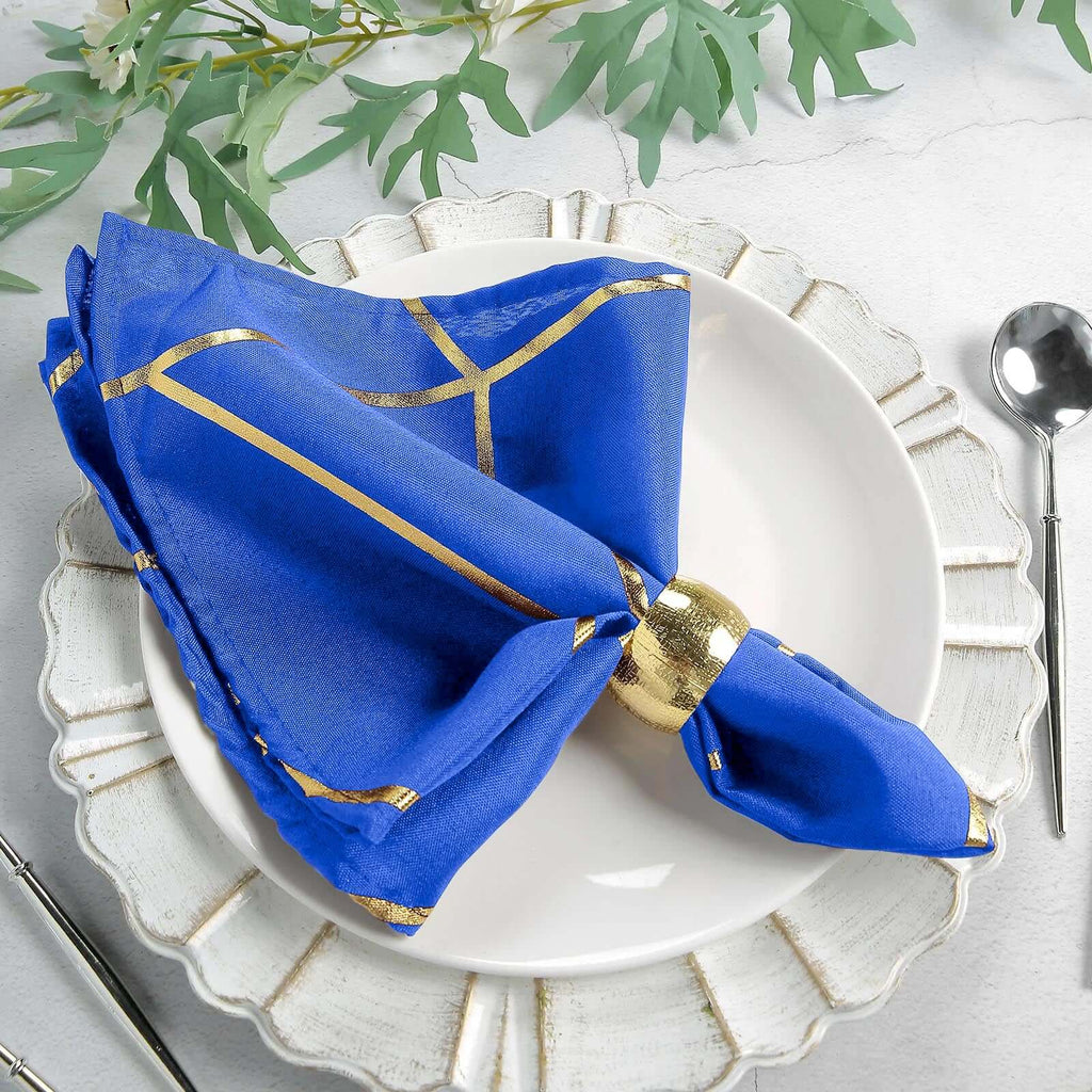5 Pack Polyester 20"x20" Napkins Royal Blue with Gold Geometric Foil Pattern - Modern Reusable Dinner Napkins - Bell Racket Store
