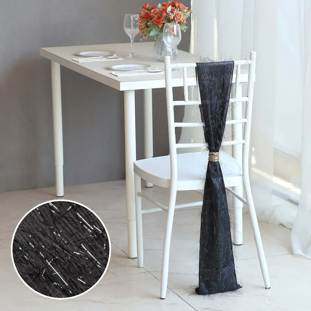 5 Pack Polyester Chair Sashes Black Metallic Tinsel Fringe - Easy to Use Chair Bows 6"x108" - Bell Racket Store