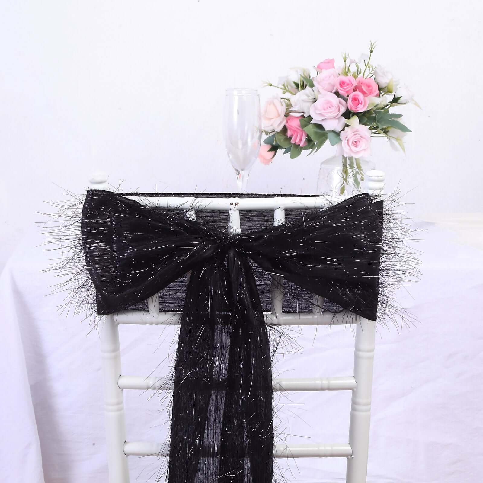 5 Pack Polyester Chair Sashes Black Metallic Tinsel Fringe - Easy to Use Chair Bows 6"x108" - Bell Racket Store