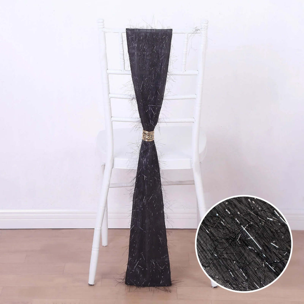 5 Pack Polyester Chair Sashes Black Metallic Tinsel Fringe - Easy to Use Chair Bows 6"x108" - Bell Racket Store