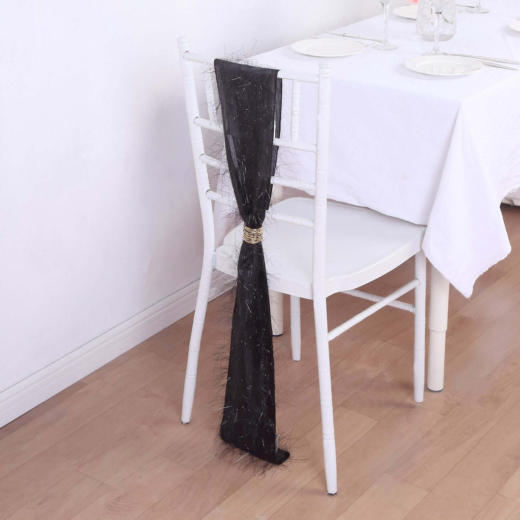 5 Pack Polyester Chair Sashes Black Metallic Tinsel Fringe - Easy to Use Chair Bows 6"x108" - Bell Racket Store