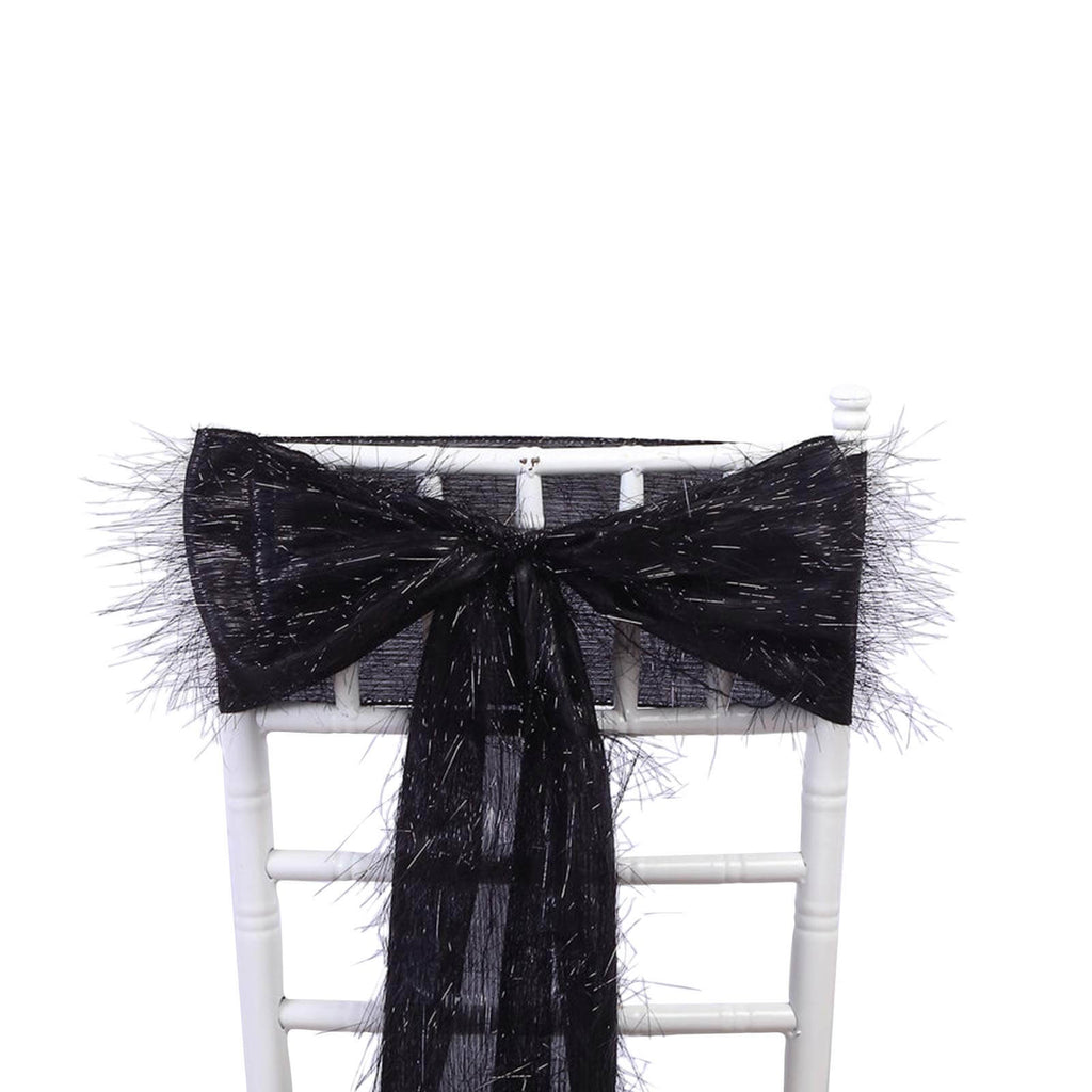 5 Pack Polyester Chair Sashes Black Metallic Tinsel Fringe - Easy to Use Chair Bows 6"x108" - Bell Racket Store