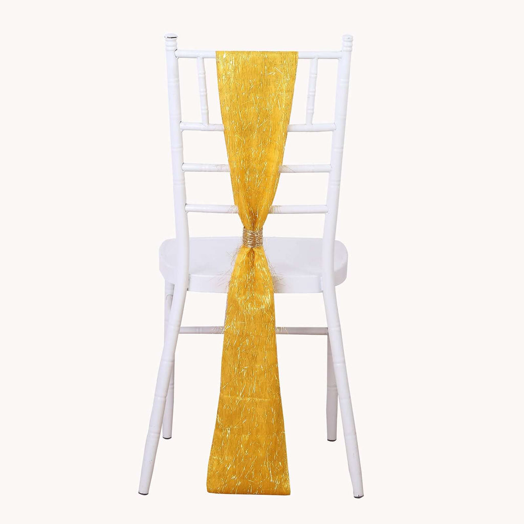 5 Pack Polyester Chair Sashes Gold Metallic Tinsel Fringe - Easy to Use Sparkly Chair Bows 6"x108" - Bell Racket Store