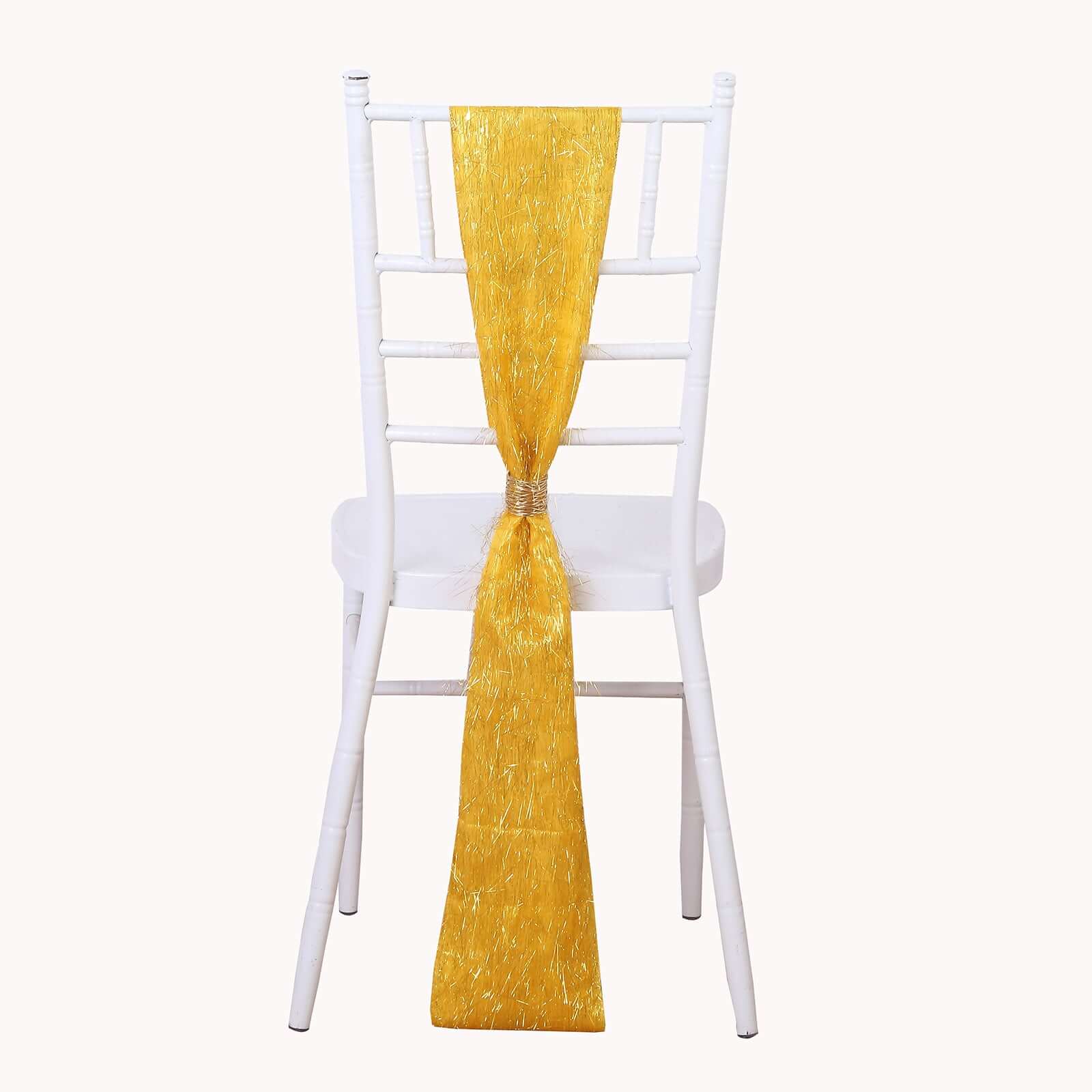 5 Pack Polyester Chair Sashes Gold Metallic Tinsel Fringe - Easy to Use Sparkly Chair Bows 6"x108" - Bell Racket Store
