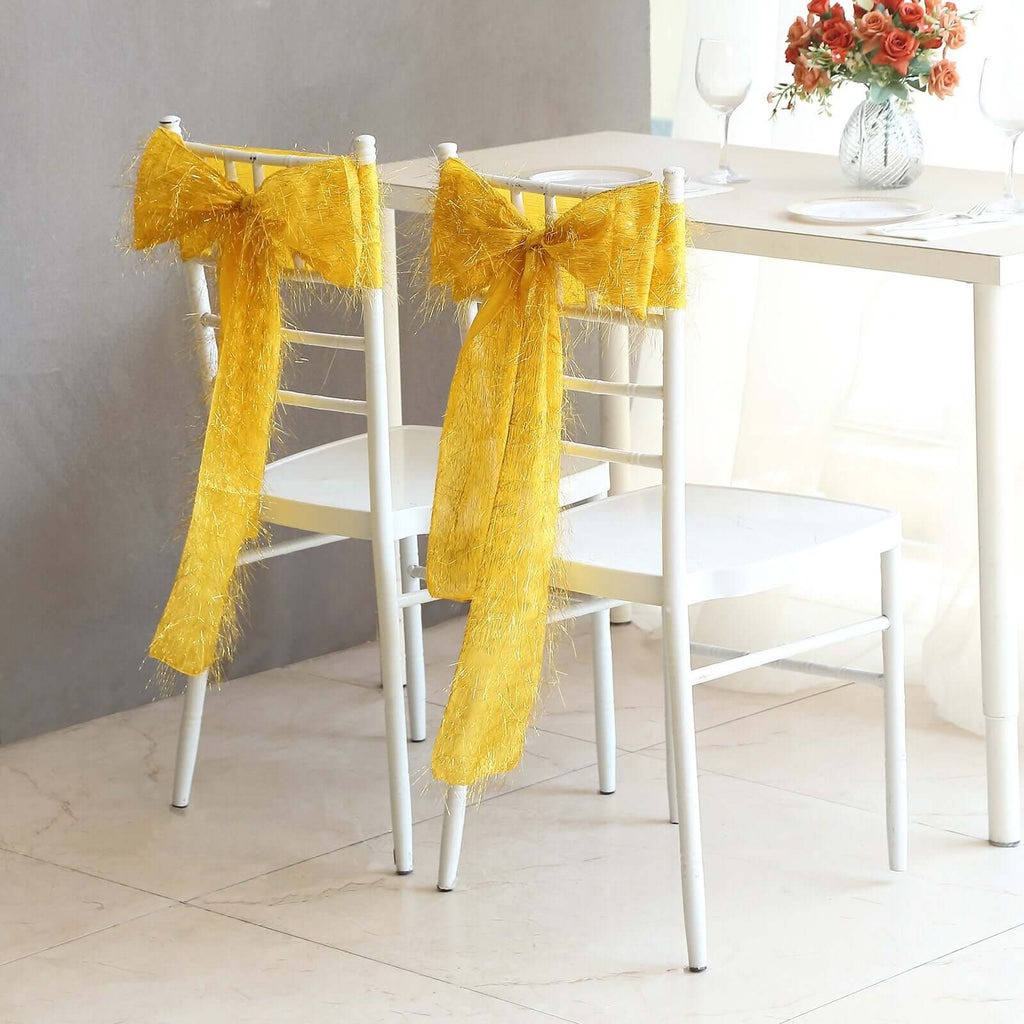 5 Pack Polyester Chair Sashes Gold Metallic Tinsel Fringe - Easy to Use Sparkly Chair Bows 6"x108" - Bell Racket Store