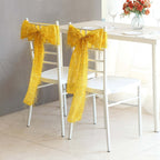 5 Pack Polyester Chair Sashes Gold Metallic Tinsel Fringe - Easy to Use Sparkly Chair Bows 6"x108" - Bell Racket Store
