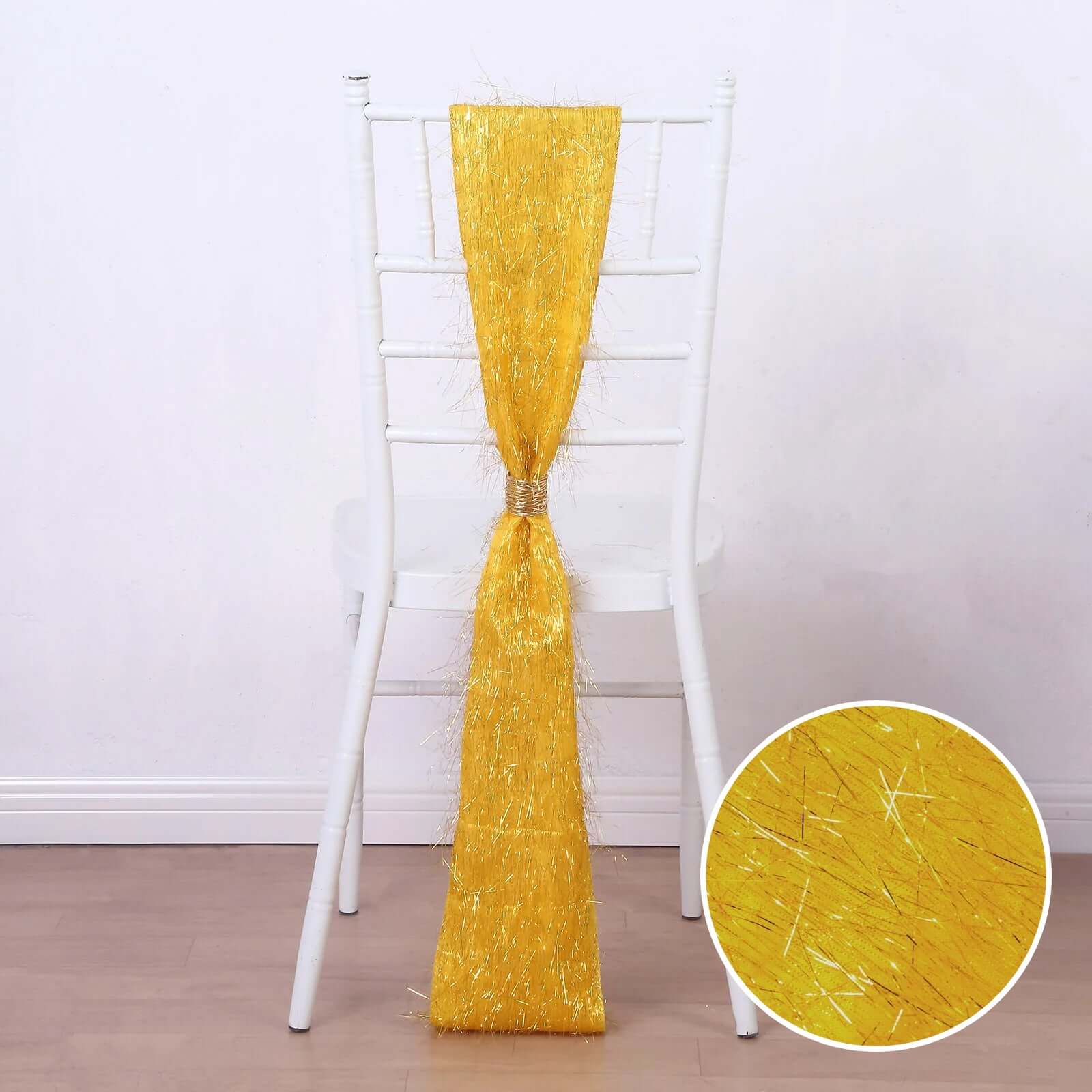 5 Pack Polyester Chair Sashes Gold Metallic Tinsel Fringe - Easy to Use Sparkly Chair Bows 6"x108" - Bell Racket Store