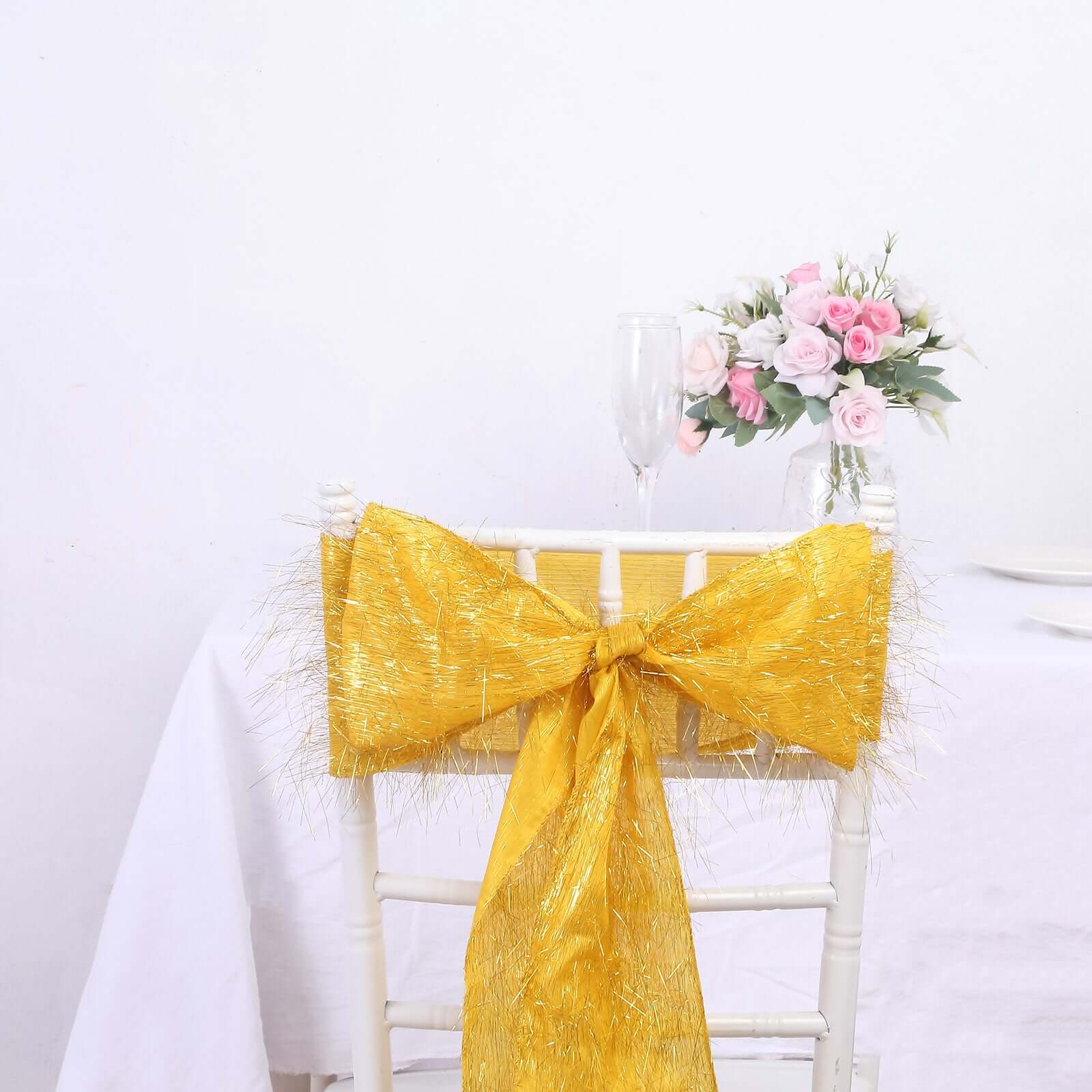 5 Pack Polyester Chair Sashes Gold Metallic Tinsel Fringe - Easy to Use Sparkly Chair Bows 6"x108" - Bell Racket Store