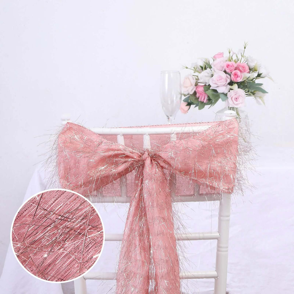 5 Pack Polyester Chair Sashes Rose Gold Metallic Tinsel Fringe - Easy to Use Chair Bows 6"x108" - Bell Racket Store