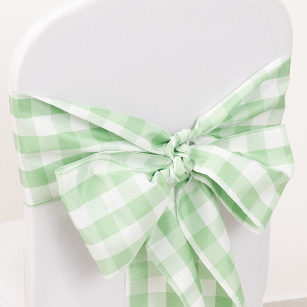 5 Pack Polyester Chair Sashes Sage Green/White Buffalo Plaid - Durable & Reusable Chair Bows 6"x108" - Bell Racket Store