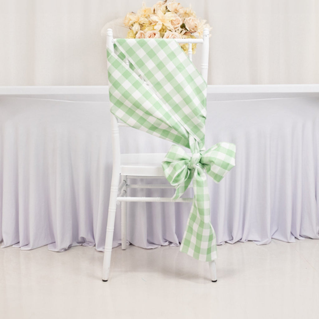 5 Pack Polyester Chair Sashes Sage Green/White Buffalo Plaid - Durable & Reusable Chair Bows 6"x108" - Bell Racket Store