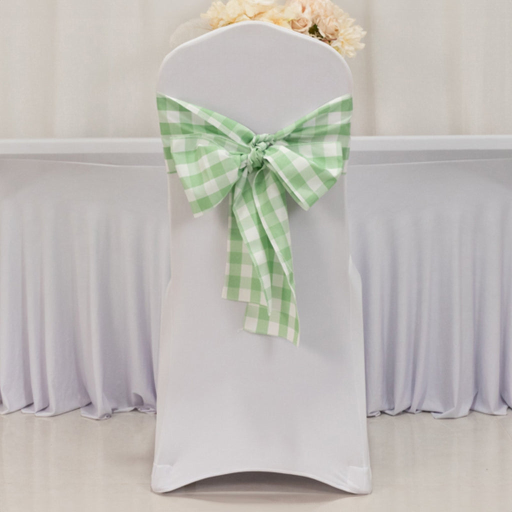 5 Pack Polyester Chair Sashes Sage Green/White Buffalo Plaid - Durable & Reusable Chair Bows 6"x108" - Bell Racket Store