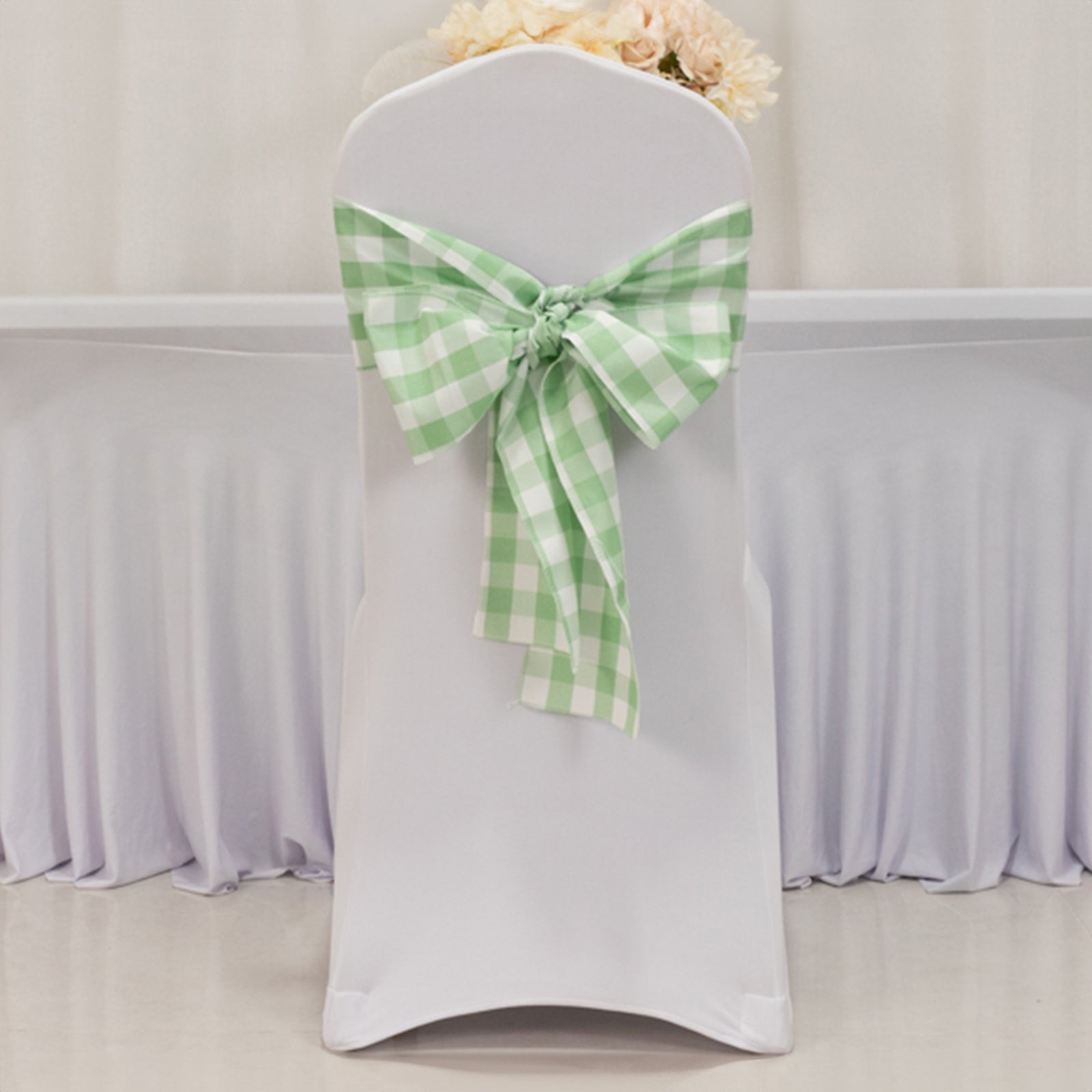 5 Pack Polyester Chair Sashes Sage Green/White Buffalo Plaid - Durable & Reusable Chair Bows 6"x108" - Bell Racket Store