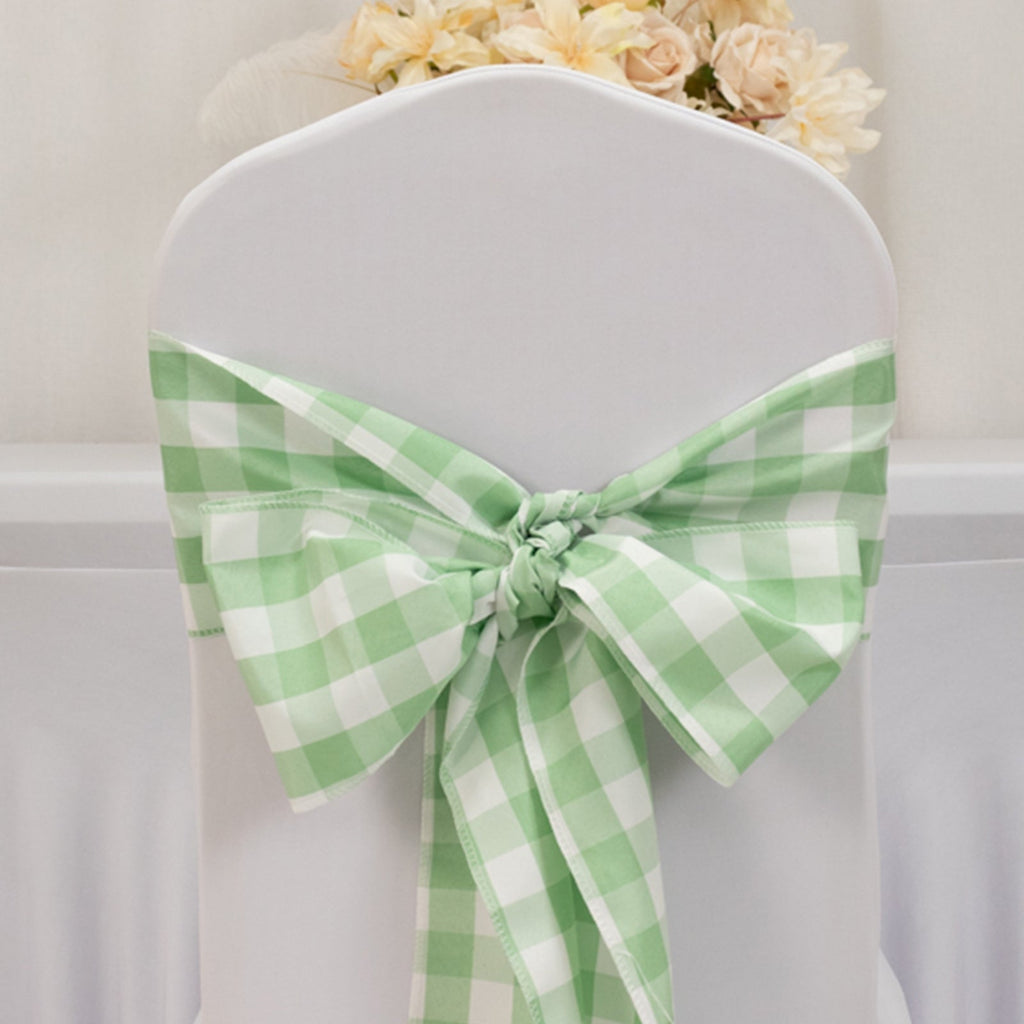 5 Pack Polyester Chair Sashes Sage Green/White Buffalo Plaid - Durable & Reusable Chair Bows 6"x108" - Bell Racket Store