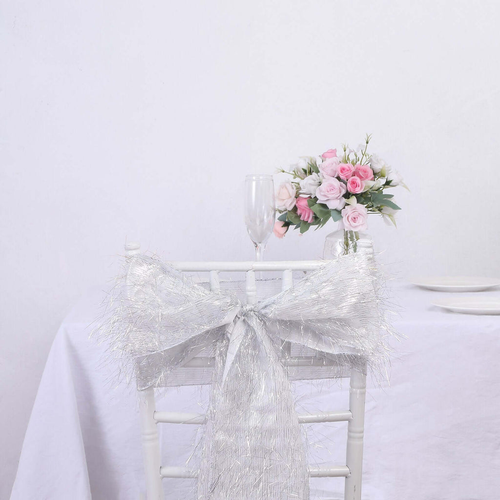 5 Pack Polyester Chair Sashes Silver Metallic Tinsel Fringe - Easy to Use Chair Bows 6"x108" - Bell Racket Store