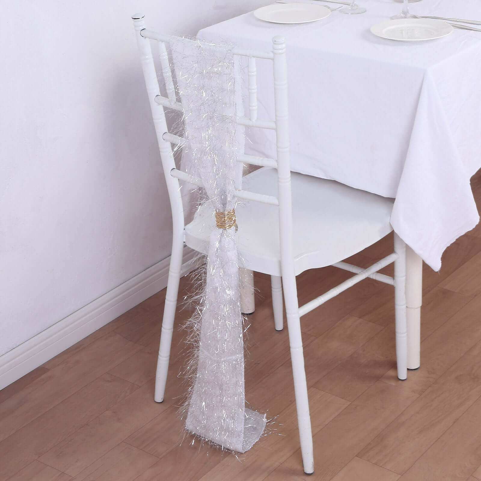 5 Pack Polyester Chair Sashes Silver Metallic Tinsel Fringe - Easy to Use Chair Bows 6"x108" - Bell Racket Store