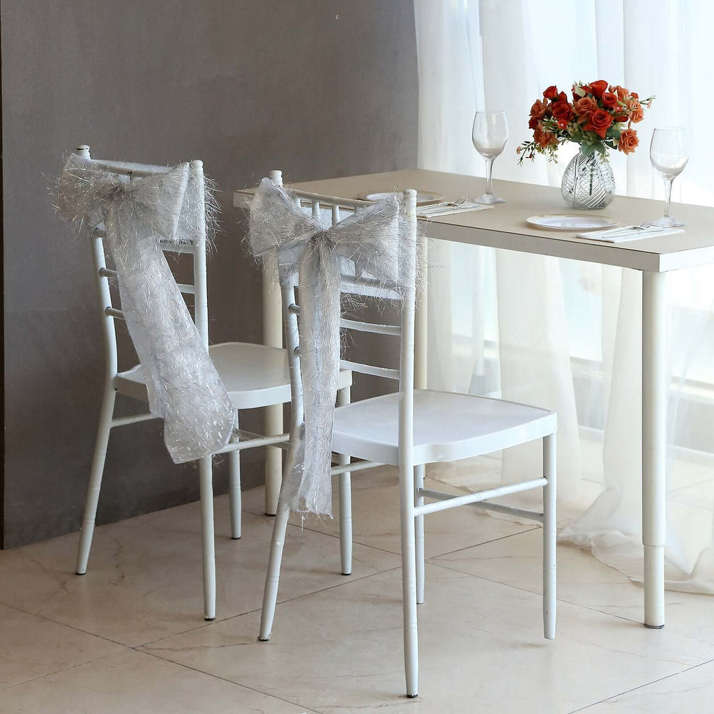 5 Pack Polyester Chair Sashes Silver Metallic Tinsel Fringe - Easy to Use Chair Bows 6"x108" - Bell Racket Store