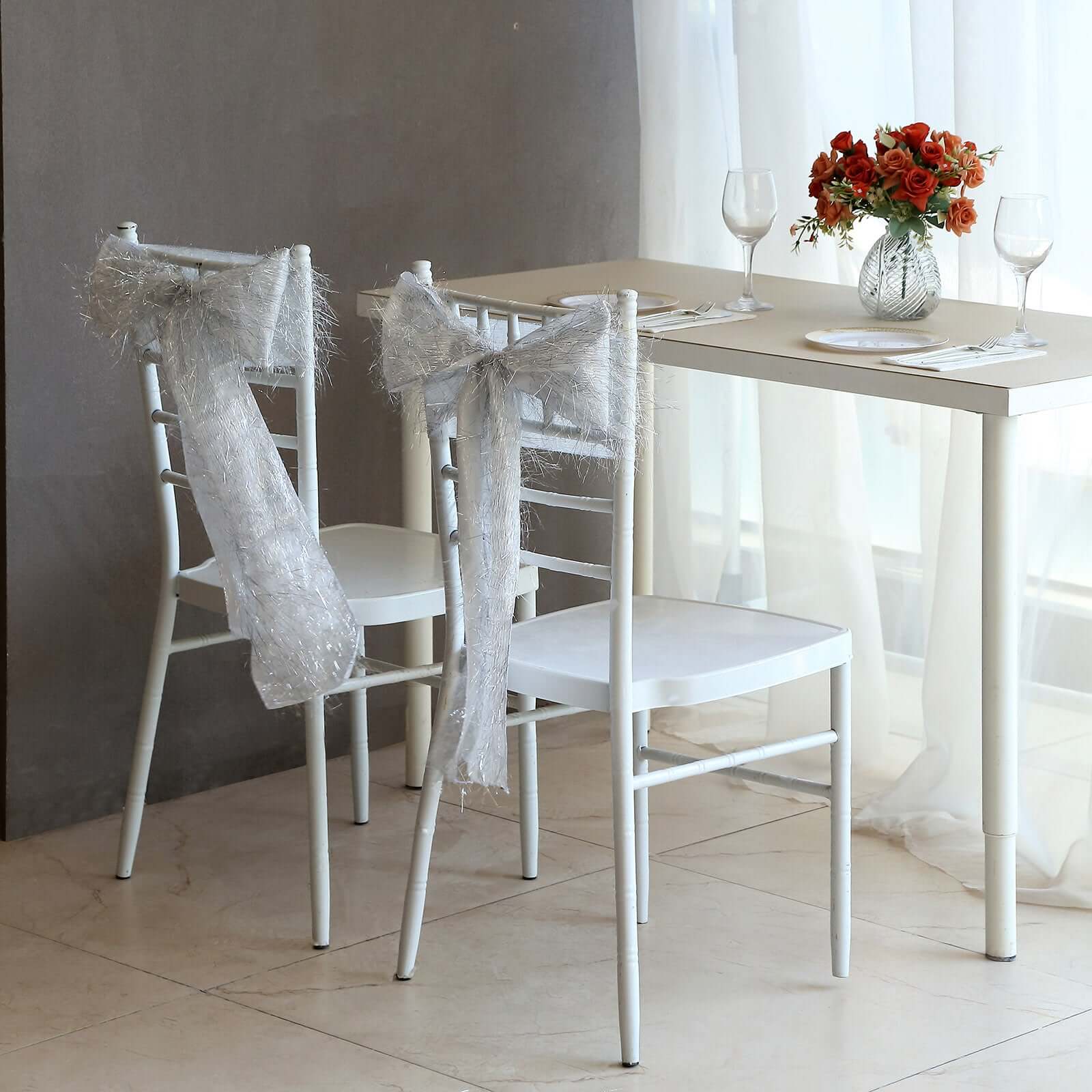 5 Pack Polyester Chair Sashes Silver Metallic Tinsel Fringe - Easy to Use Chair Bows 6"x108" - Bell Racket Store