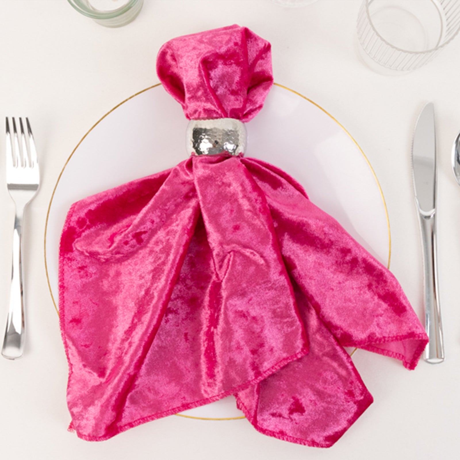 5 Pack Premium Crushed Velvet 20"x20" Napkins Fuchsia - Rich & Textured Finish Dinner Napkins - Bell Racket Store
