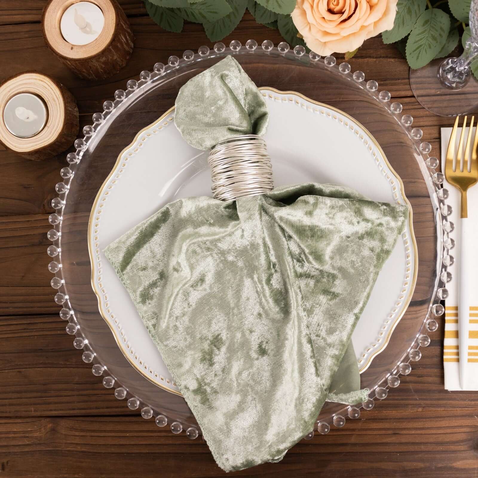 5 Pack Premium Crushed Velvet 20"x20" Napkins Sage Green - Rich & Textured Finish Dinner Napkins - Bell Racket Store