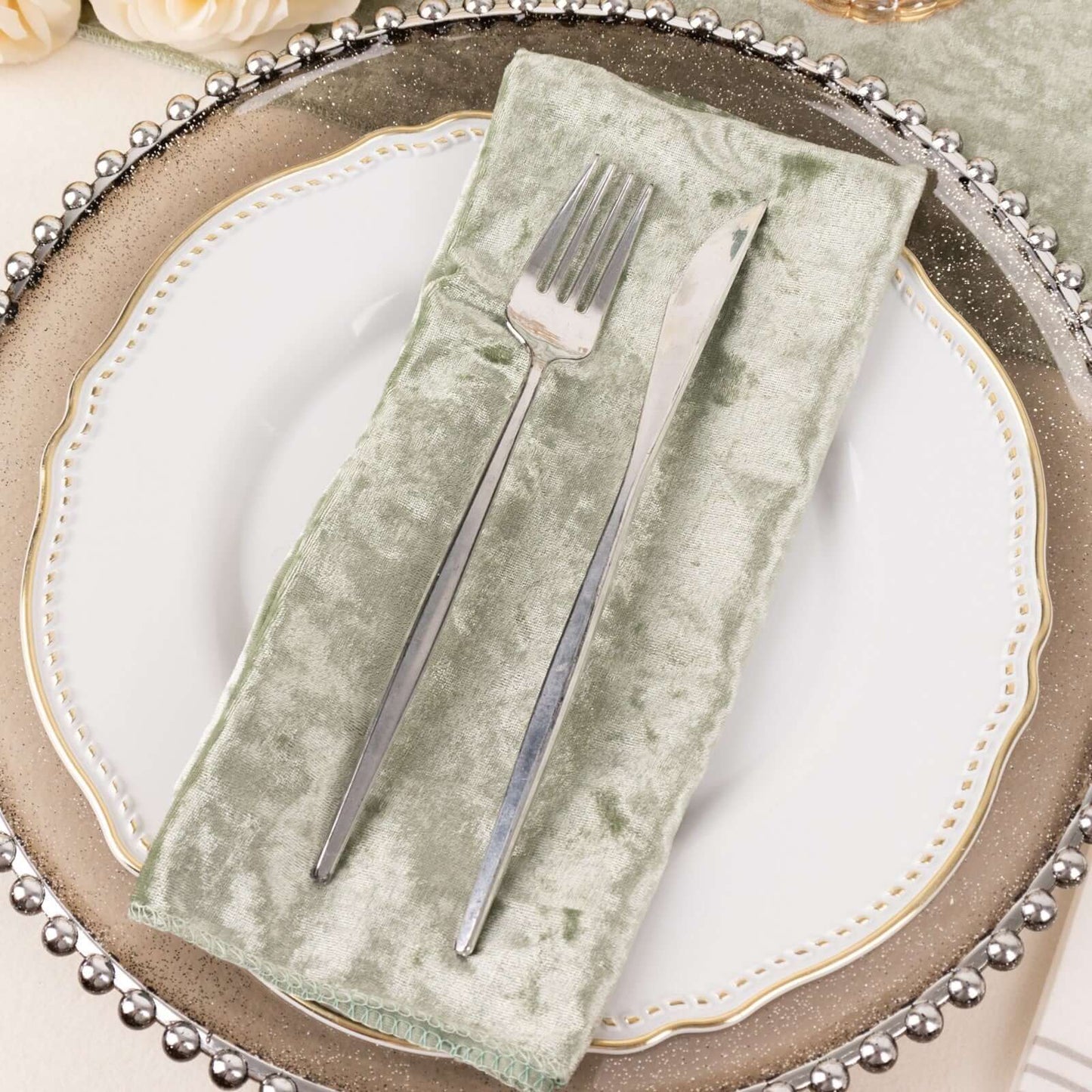 5 Pack Premium Crushed Velvet 20"x20" Napkins Sage Green - Rich & Textured Finish Dinner Napkins - Bell Racket Store