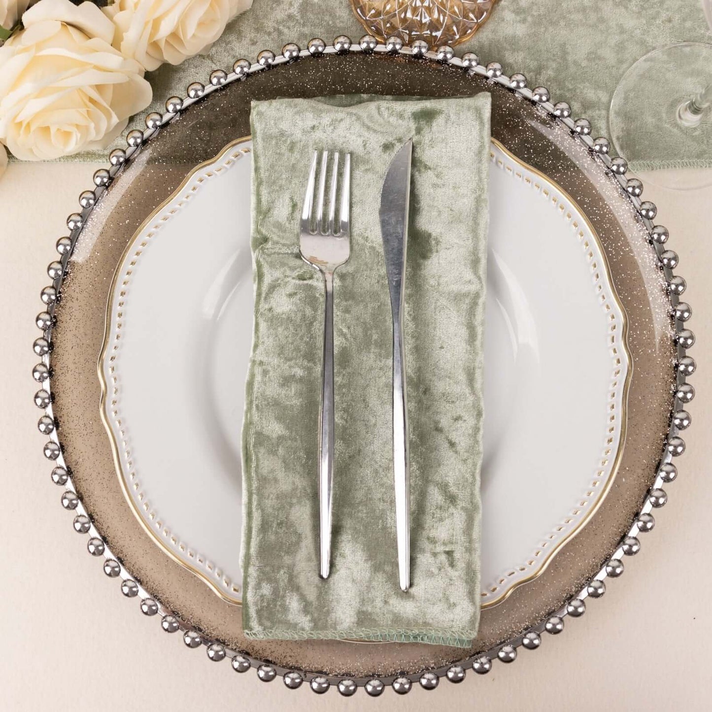 5 Pack Premium Crushed Velvet 20"x20" Napkins Sage Green - Rich & Textured Finish Dinner Napkins - Bell Racket Store