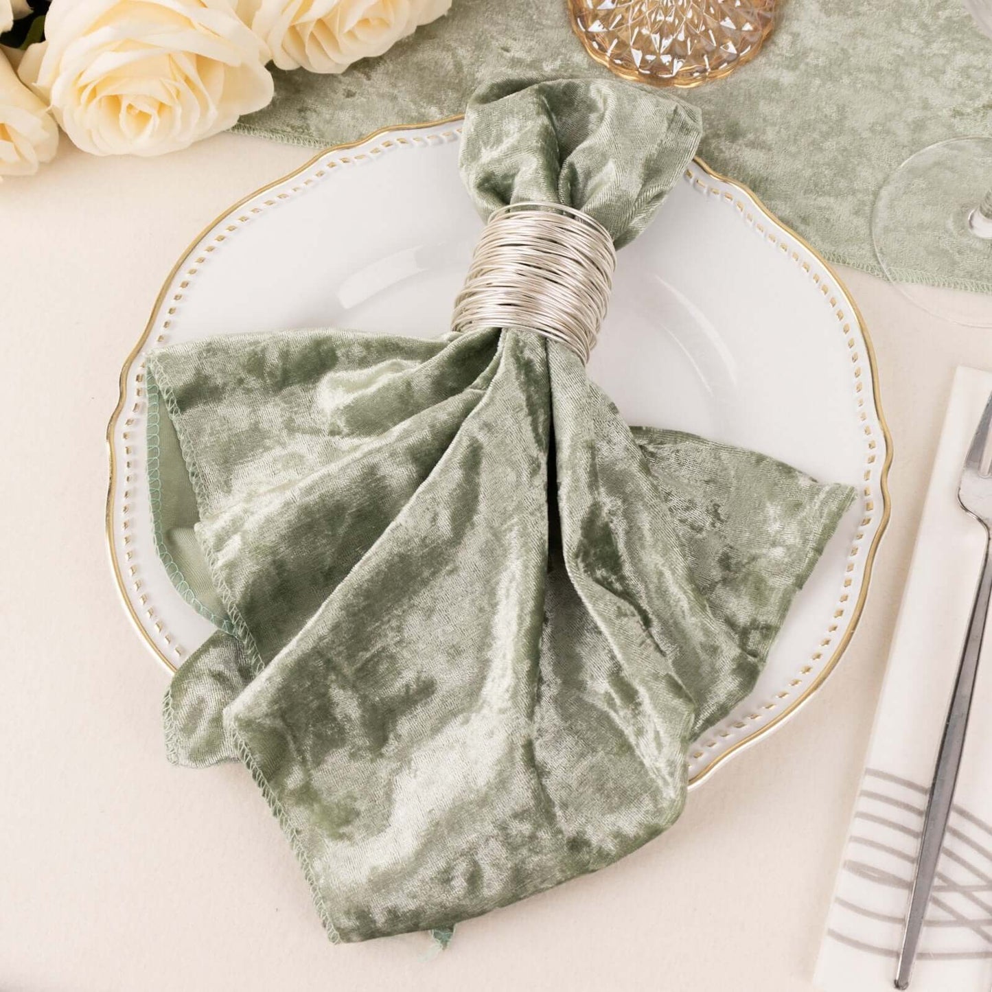 5 Pack Premium Crushed Velvet 20"x20" Napkins Sage Green - Rich & Textured Finish Dinner Napkins - Bell Racket Store