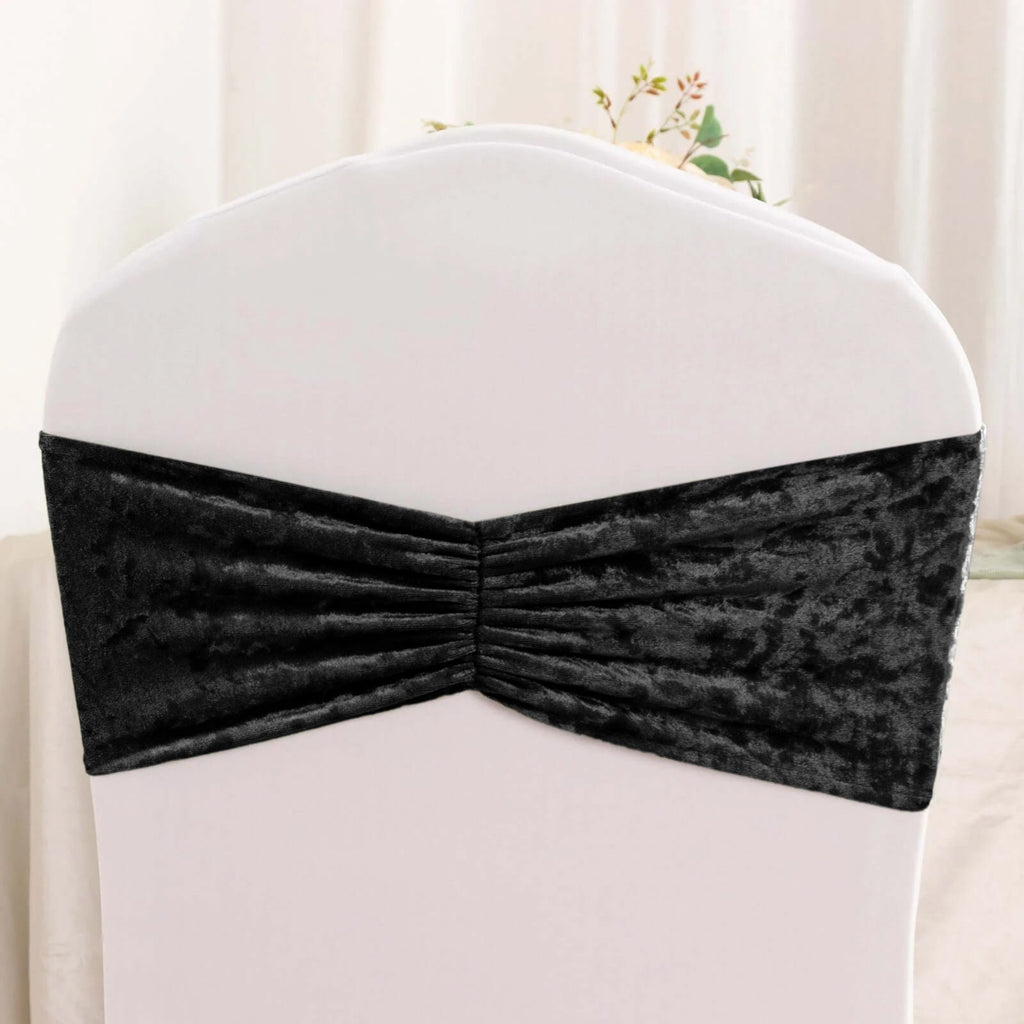 5 Pack Premium Crushed Velvet Chair Sashes Black Ruffle Style - Textured Chair Bands for Stunning Event Decor - Bell Racket Store