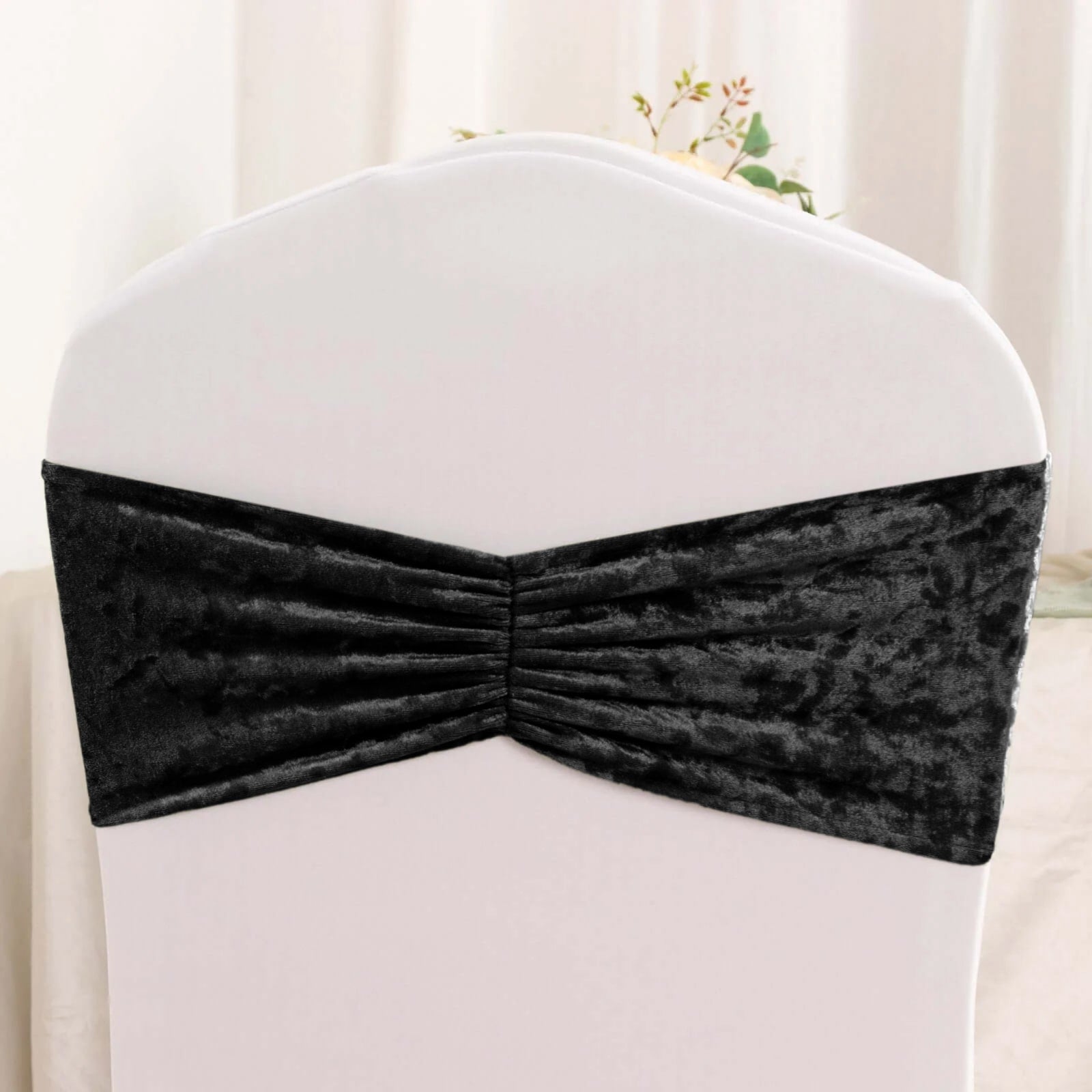5 Pack Premium Crushed Velvet Chair Sashes Black Ruffle Style - Textured Chair Bands for Stunning Event Decor - Bell Racket Store