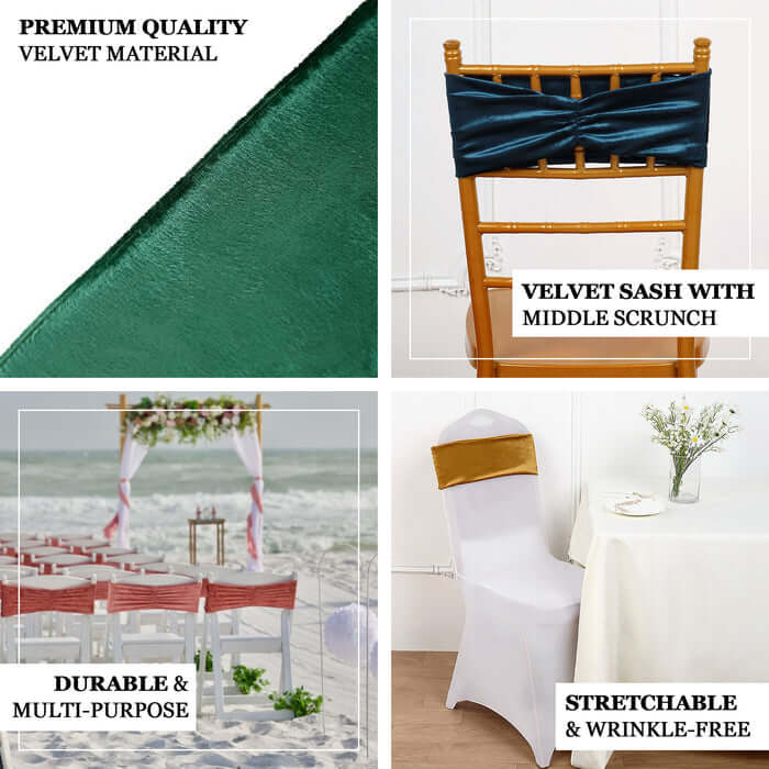 5 Pack Premium Crushed Velvet Chair Sashes Champagne Ruffle Style - Textured Chair Bands for Stunning Event Decor - Bell Racket Store