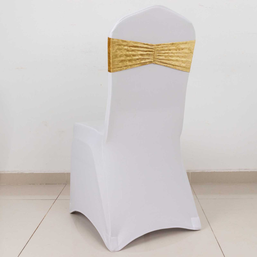 5 Pack Premium Crushed Velvet Chair Sashes Champagne Ruffle Style - Textured Chair Bands for Stunning Event Decor - Bell Racket Store