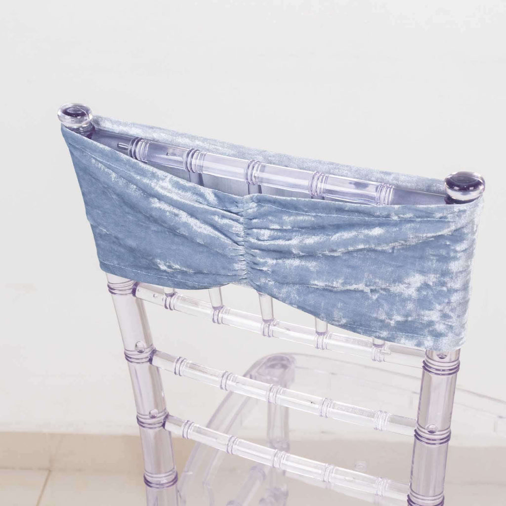 5 Pack Premium Crushed Velvet Chair Sashes Dusty Blue Ruffle Style - Textured Chair Bands for Stunning Event Decor - Bell Racket Store