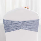 5 Pack Premium Crushed Velvet Chair Sashes Dusty Blue Ruffle Style - Textured Chair Bands for Stunning Event Decor - Bell Racket Store