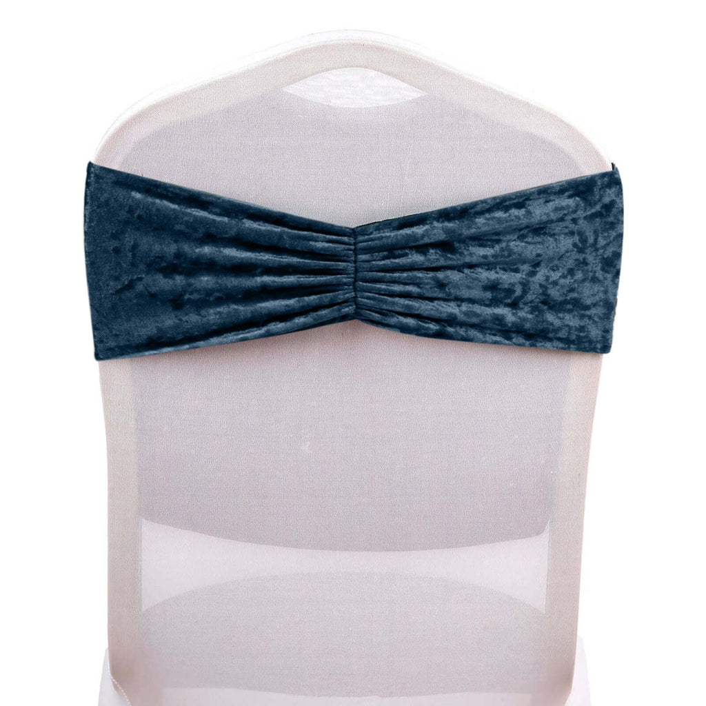 5 Pack Premium Crushed Velvet Chair Sashes Navy Blue Ruffle Style - Textured Chair Bands for Stunning Event Decor - Bell Racket Store