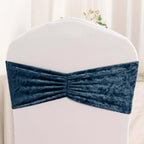 5 Pack Premium Crushed Velvet Chair Sashes Navy Blue Ruffle Style - Textured Chair Bands for Stunning Event Decor - Bell Racket Store