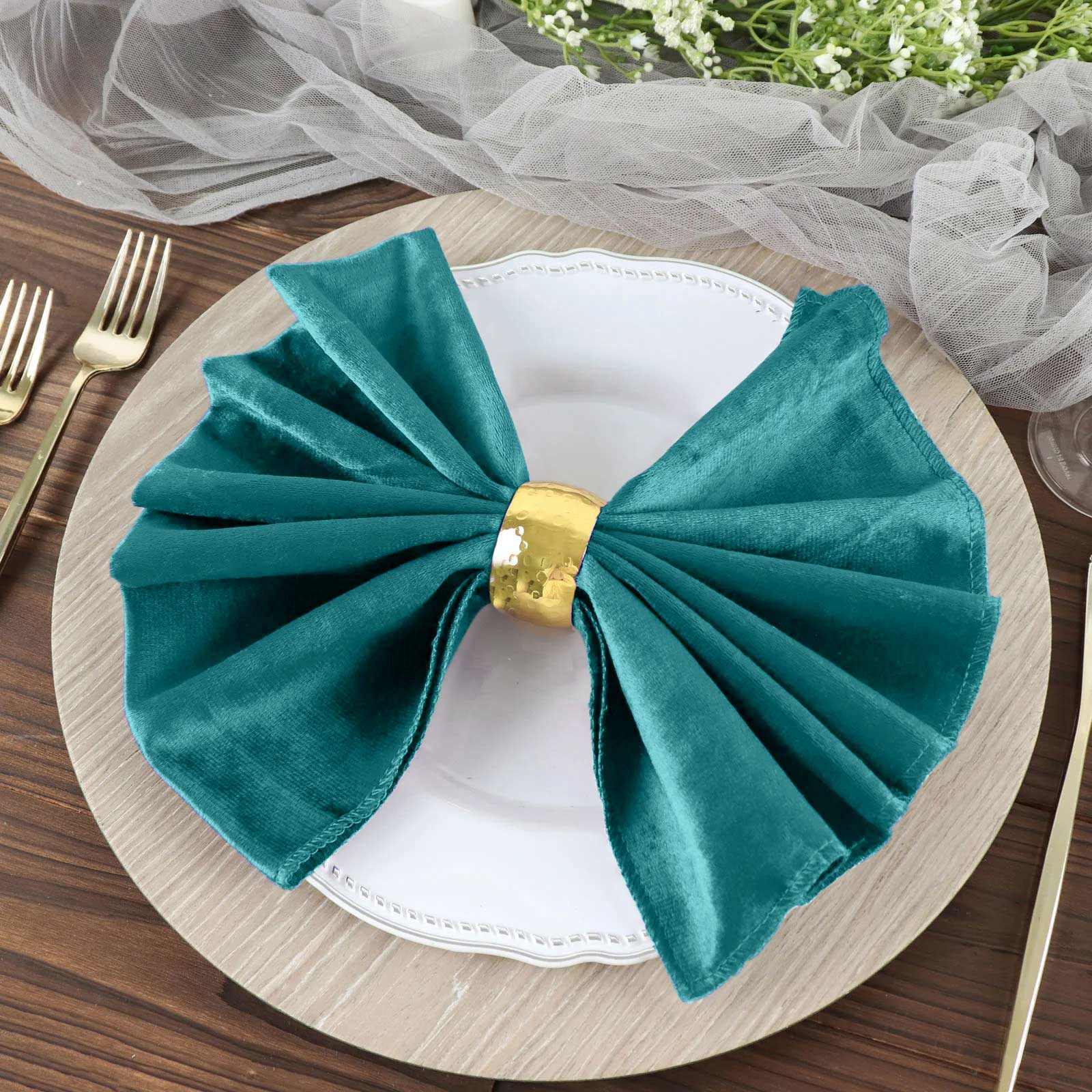 5 Pack Premium Velvet 20"x20" Napkins Peacock Teal - Soft Sheen Finish Cloth Napkins - Bell Racket Store