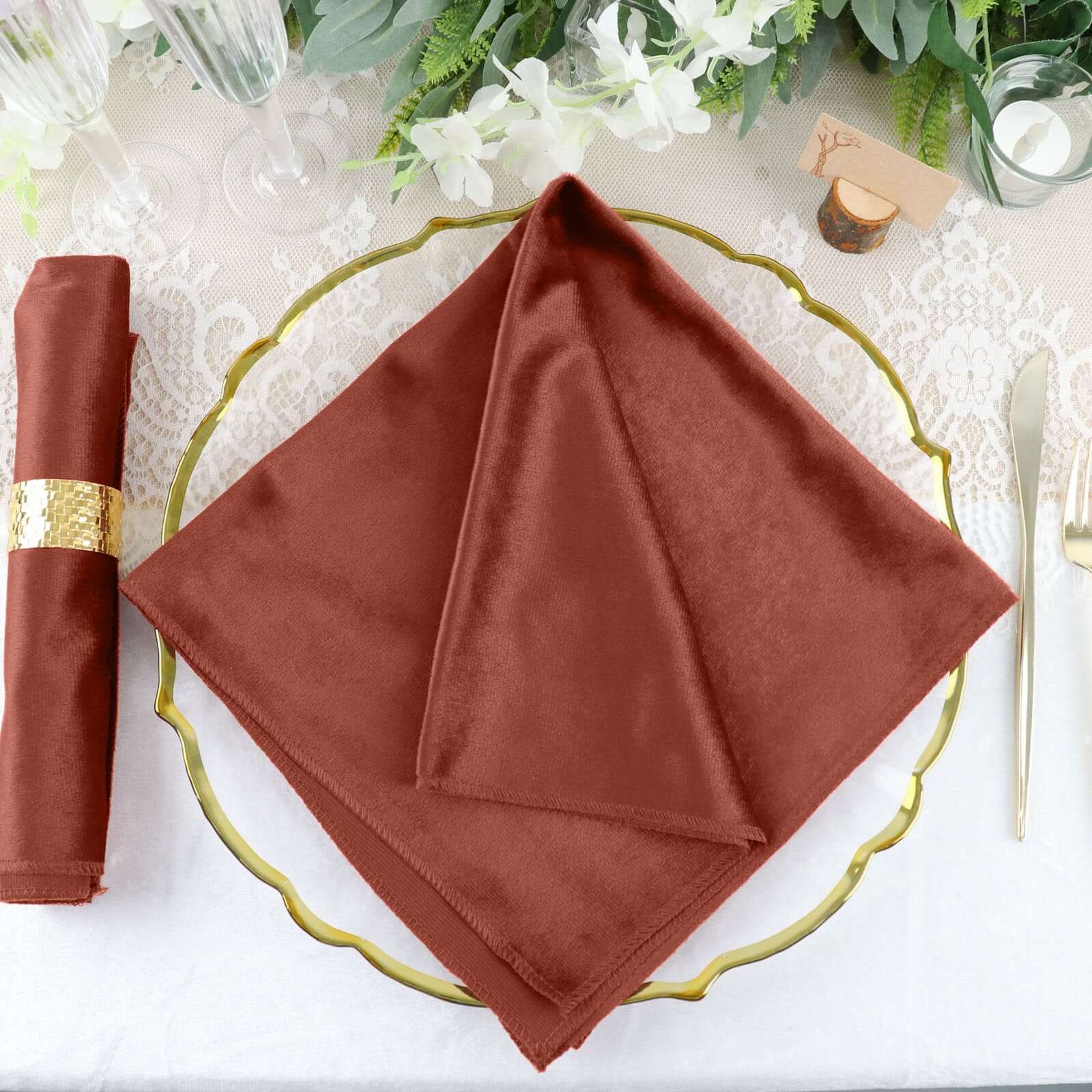 5 Pack Premium Velvet 20"x20" Napkins Terracotta (Rust) - Soft Sheen Finish Cloth Napkins - Bell Racket Store