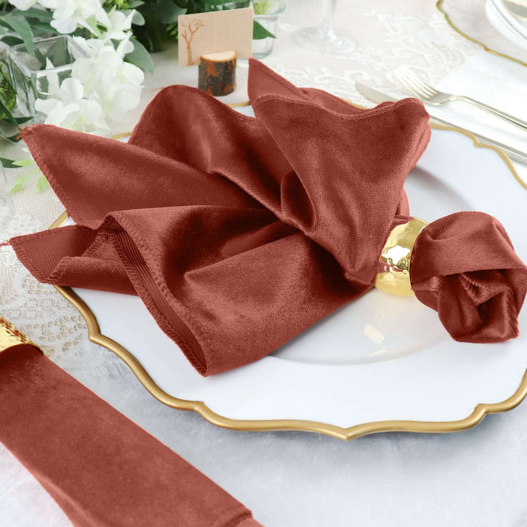 5 Pack Premium Velvet 20"x20" Napkins Terracotta (Rust) - Soft Sheen Finish Cloth Napkins - Bell Racket Store