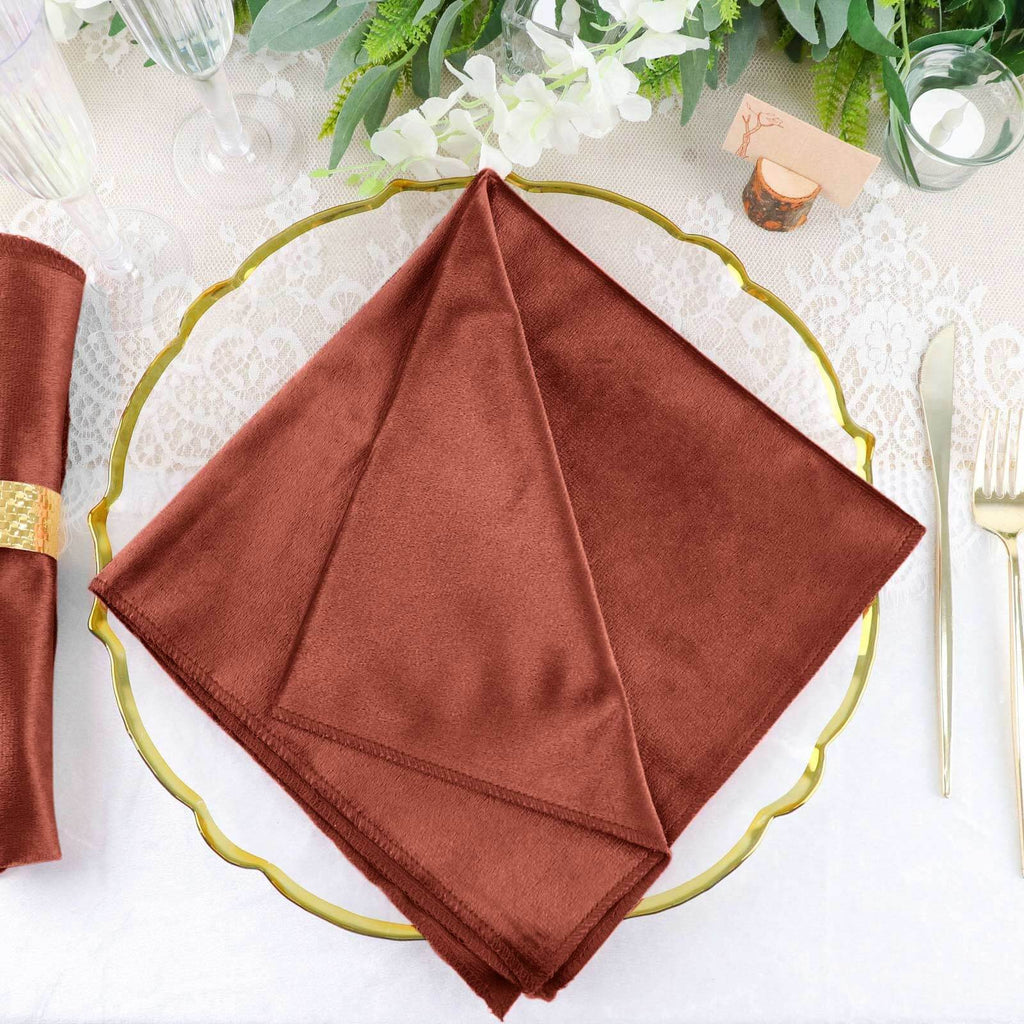 5 Pack Premium Velvet 20"x20" Napkins Terracotta (Rust) - Soft Sheen Finish Cloth Napkins - Bell Racket Store
