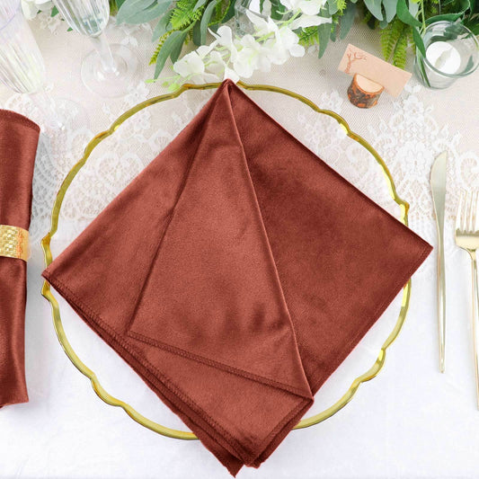 5 Pack Premium Velvet 20"x20" Napkins Terracotta (Rust) - Soft Sheen Finish Cloth Napkins - Bell Racket Store