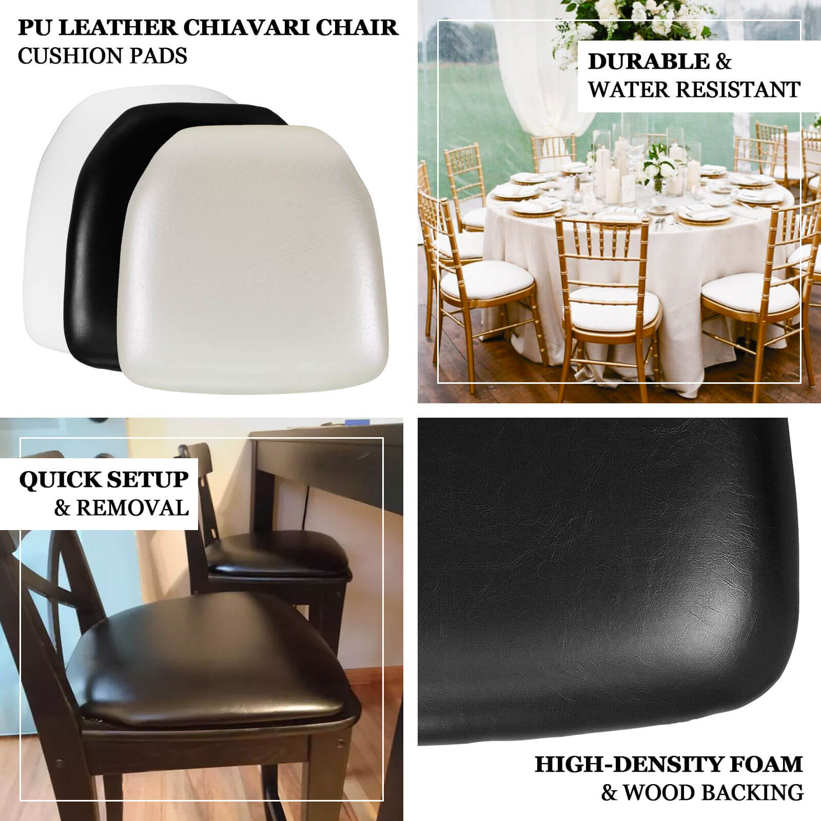 5 Pack PU Leather 1.5" Thick Seat Pads with Wood Backing for Chiavari Chairs Ivory - Memory Foam Tie - Less Non - Slip Design 16" - Bell Racket Store