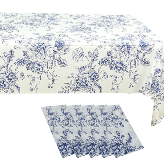 5 - Pack Rectangular Plastic Tablecloths â€“ White with Blue French Toile Pattern, PVC Waterproof Disposable Table Covers 54"x108" - Bell Racket Store