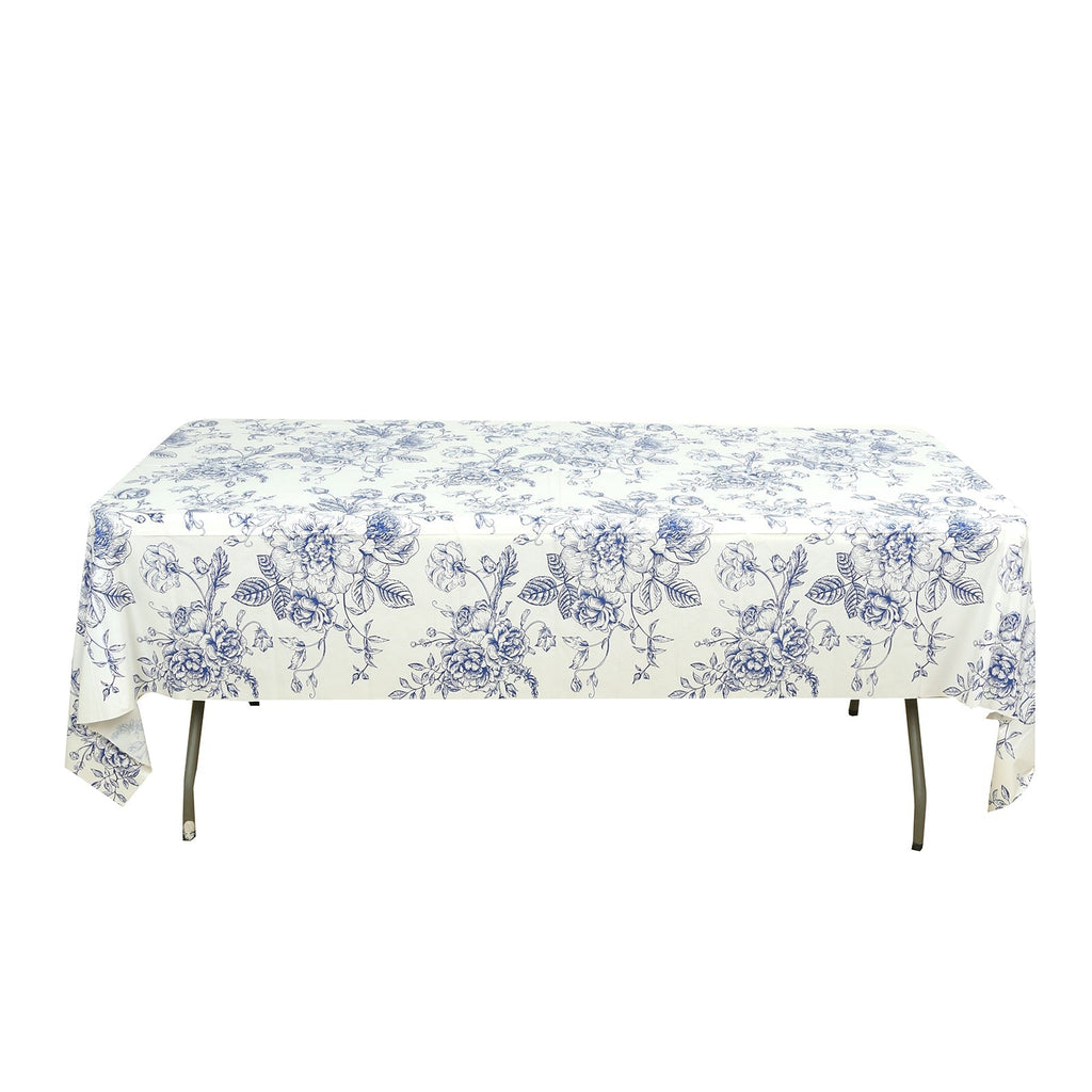5 - Pack Rectangular Plastic Tablecloths â€“ White with Blue French Toile Pattern, PVC Waterproof Disposable Table Covers 54"x108" - Bell Racket Store