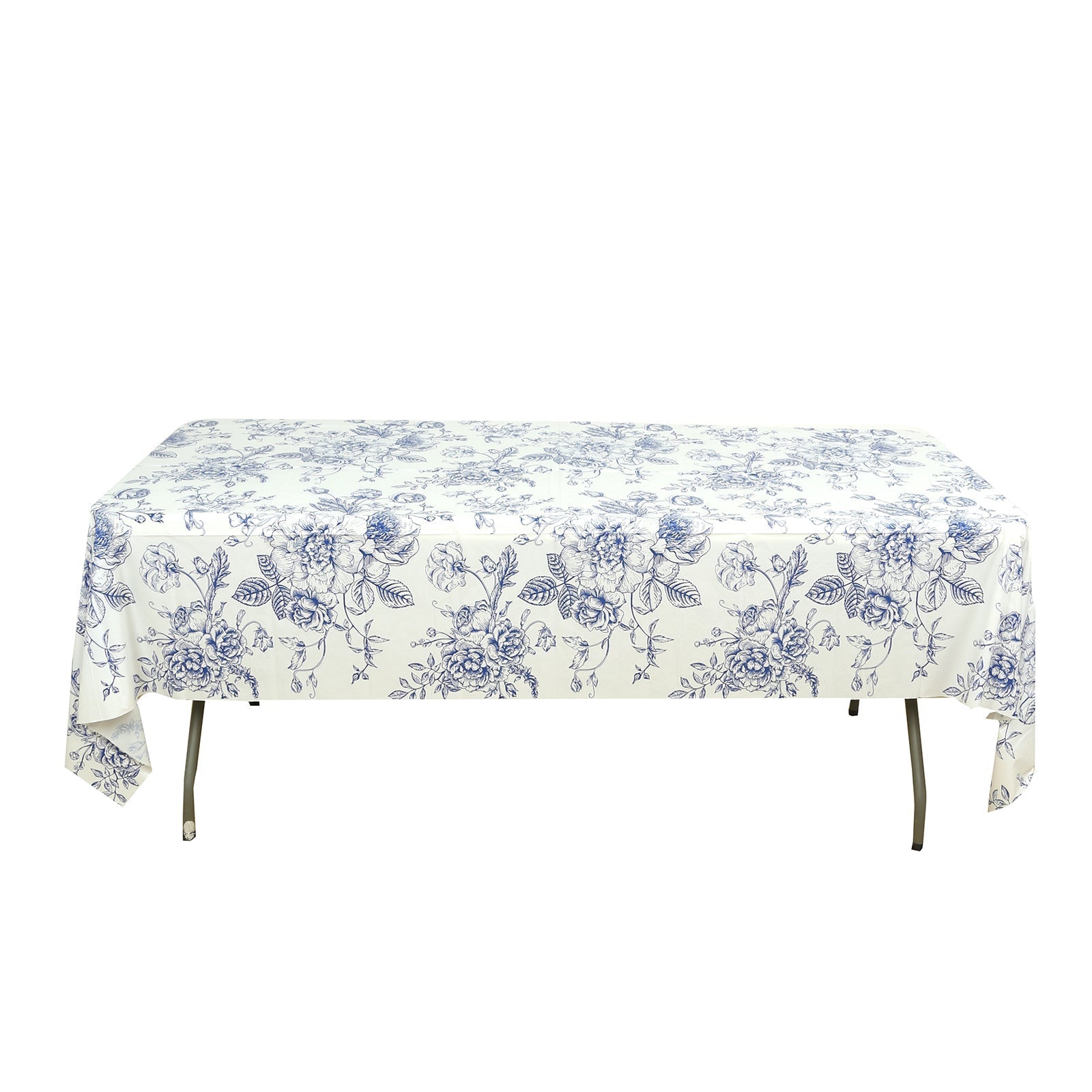 5 - Pack Rectangular Plastic Tablecloths â€“ White with Blue French Toile Pattern, PVC Waterproof Disposable Table Covers 54"x108" - Bell Racket Store