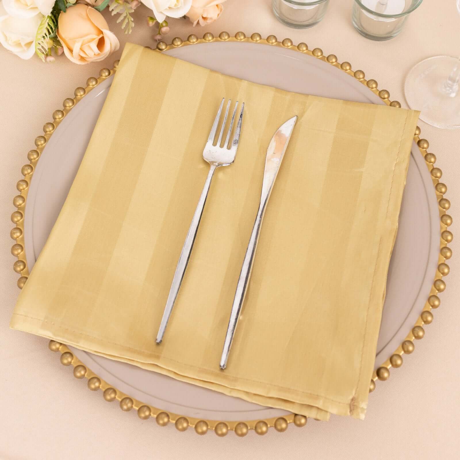 5 Pack Satin 20"x20" Napkins Champagne Glossy Stripes - Durable & Wrinkle - Free Cloth Napkins - Bell Racket Store