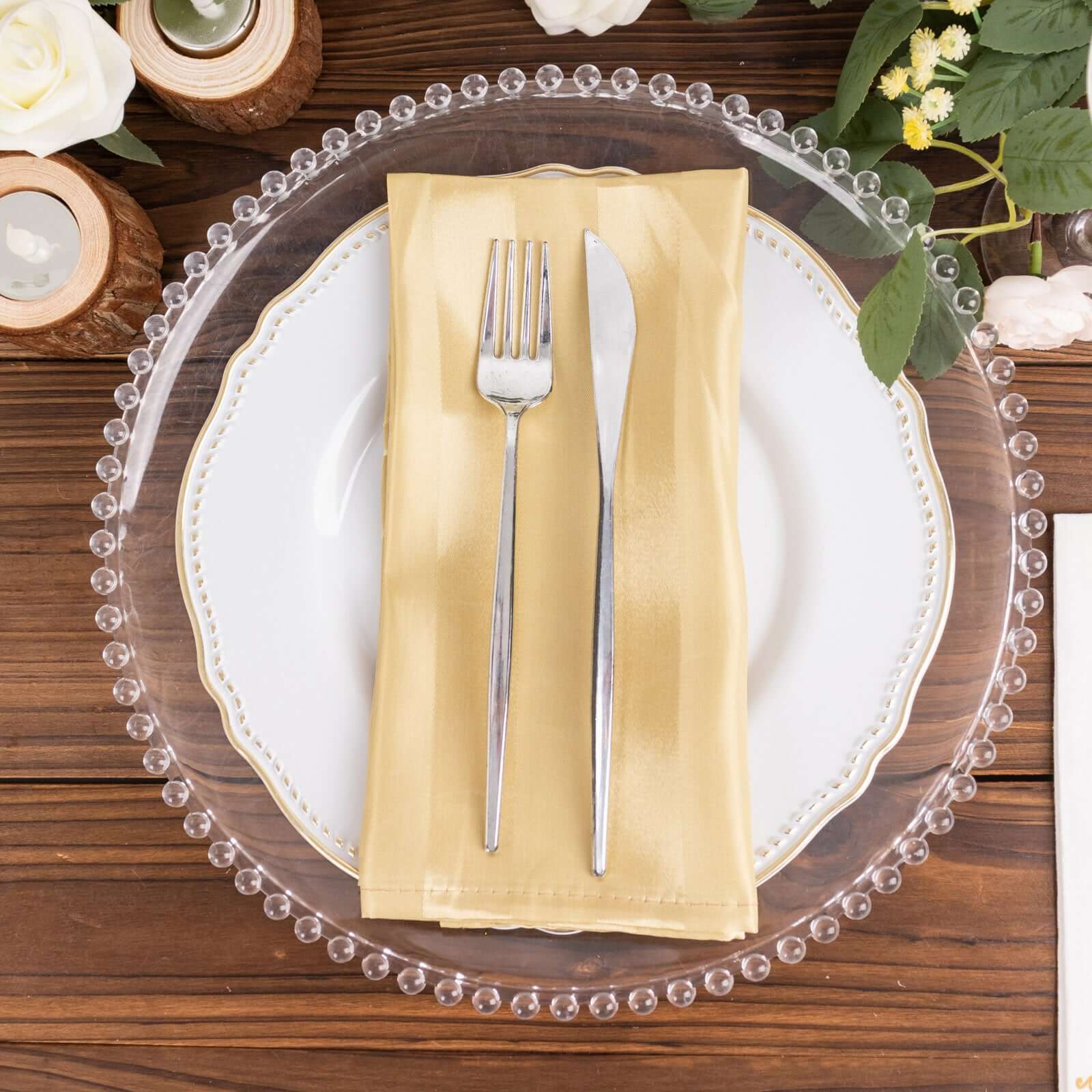 5 Pack Satin 20"x20" Napkins Champagne Glossy Stripes - Durable & Wrinkle - Free Cloth Napkins - Bell Racket Store