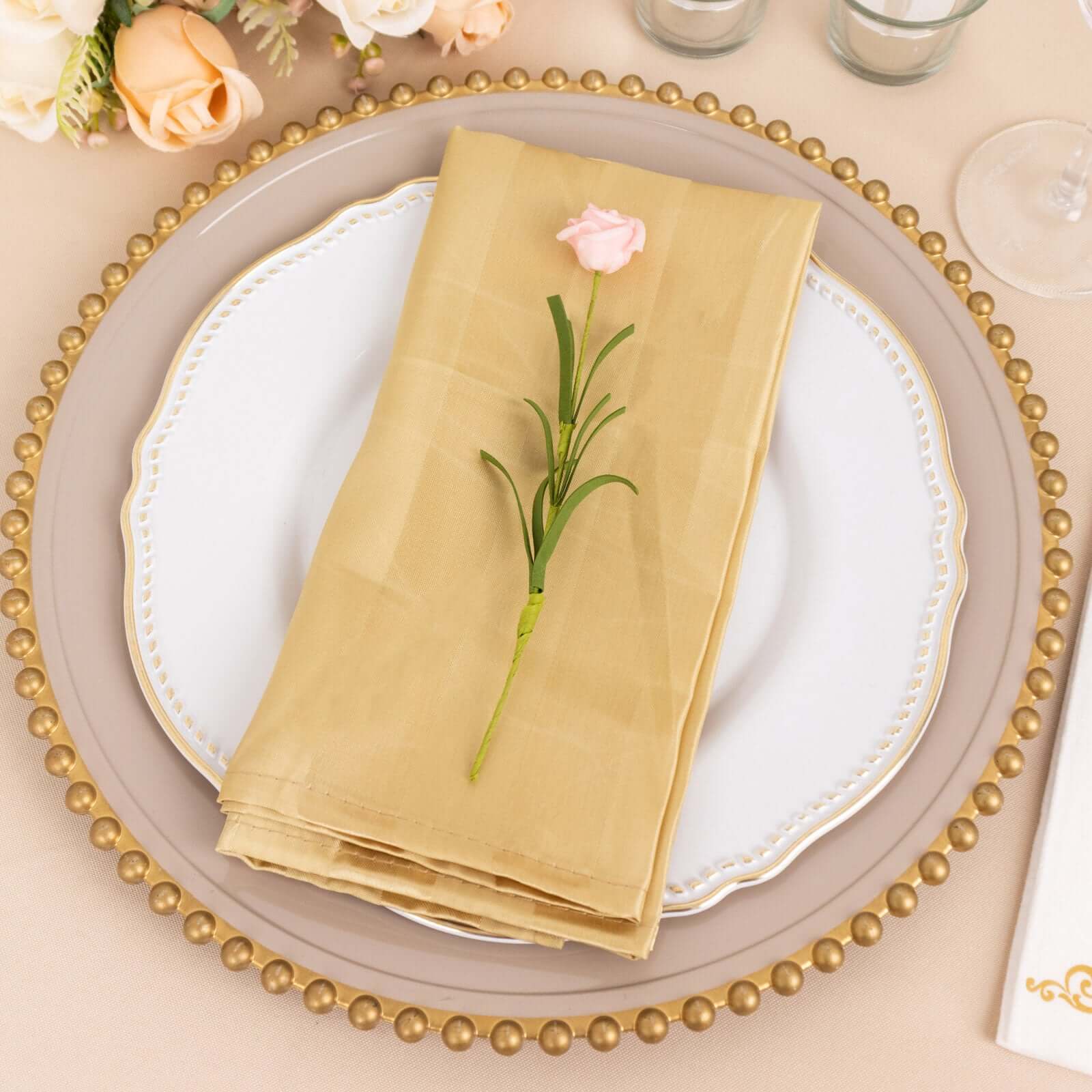 5 Pack Satin 20"x20" Napkins Champagne Glossy Stripes - Durable & Wrinkle - Free Cloth Napkins - Bell Racket Store